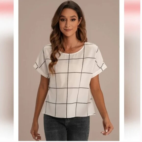 Shein Grid Blouse Rolled Cuff Sleeve Round Neck Size Large - Picture 1 of 7